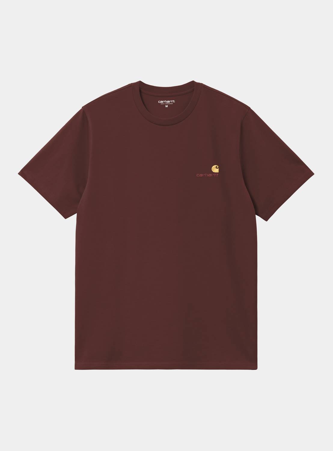 Carhartt WIP S/S American Script T-Shirt in Amarone, front view, with small chest logo embroidery.