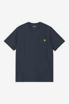 Navy t-shirt with a small logo on a white background