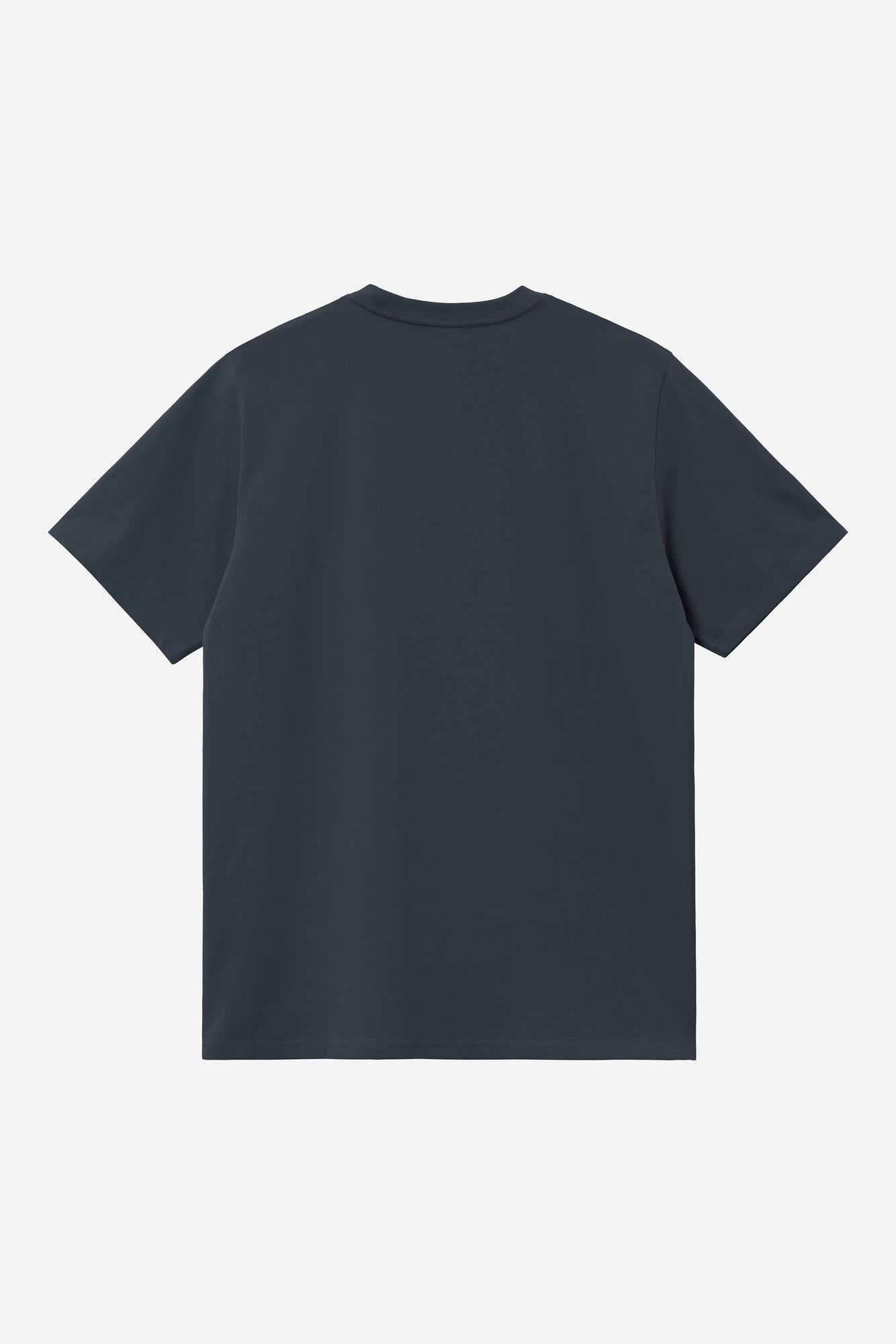 Plain navy blue t-shirt on a light gray background
