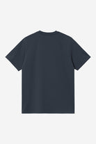Plain navy blue t-shirt on a light gray background