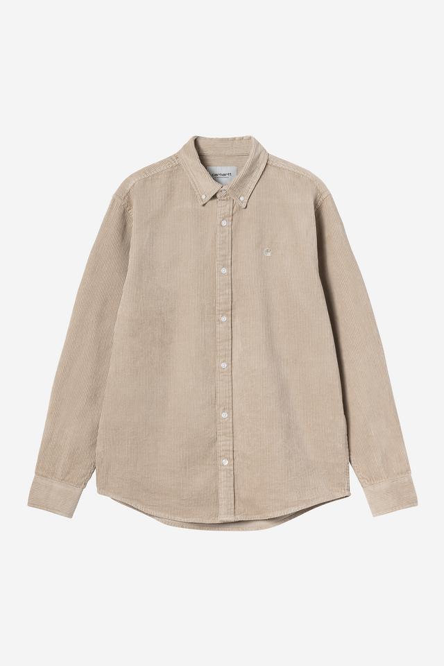 Beige button-up corduroy shirt on a white background