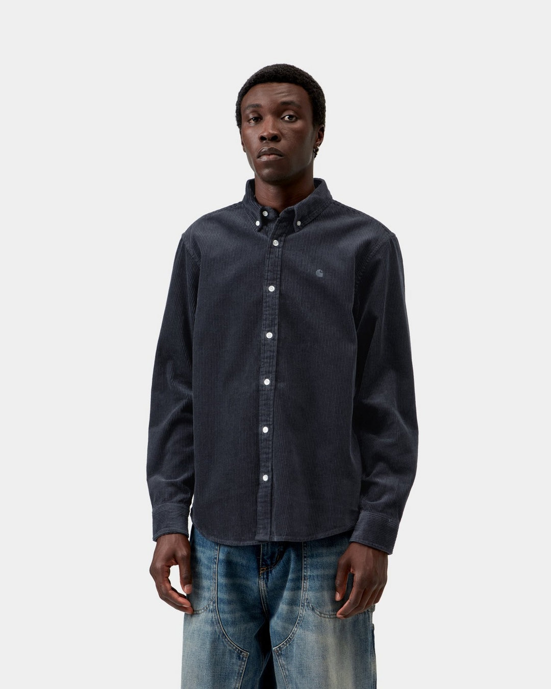 Carhartt WIP Madison Cord Shirt in Dark Navy front model view