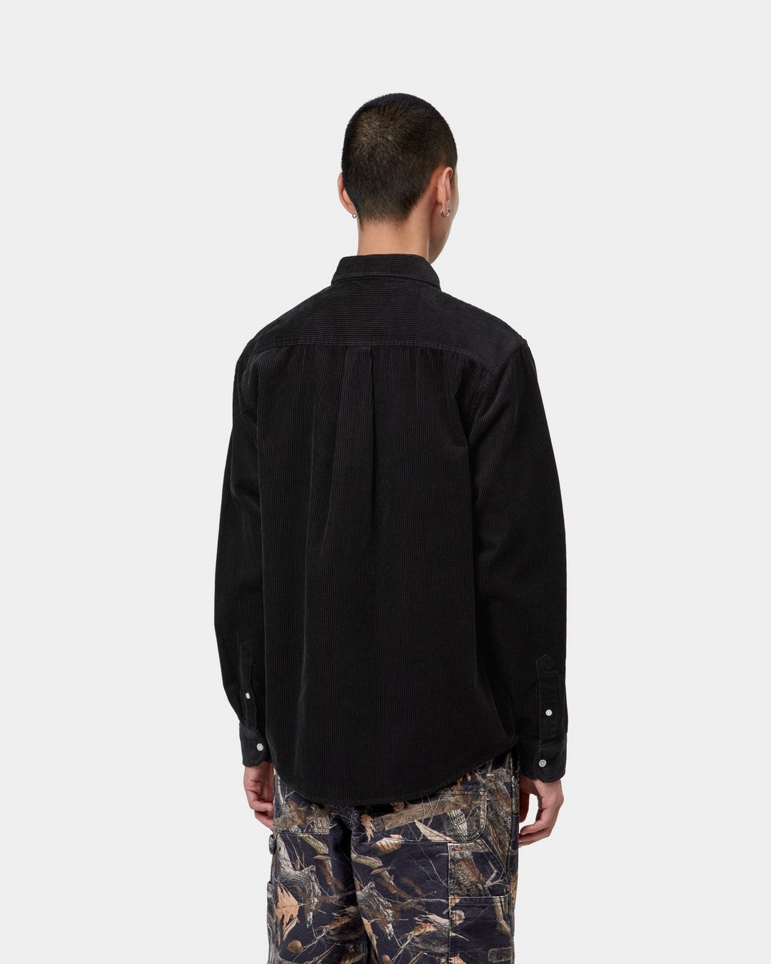 Carhartt WIP L/S Madison Cord Shirt in Soot, back view, showing corduroy texture and curved hem, shown on model.