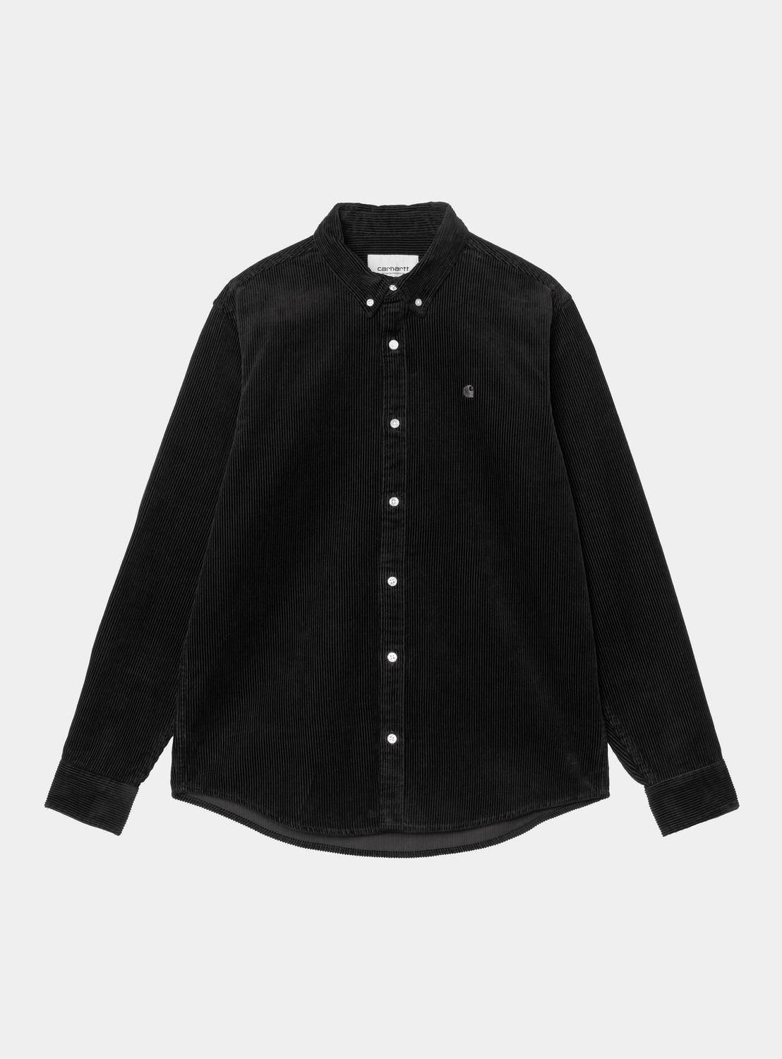 Carhartt WIP L/S Madison Cord Shirt in Soot, front view, showing button-down collar, chest logo, and curved hem.