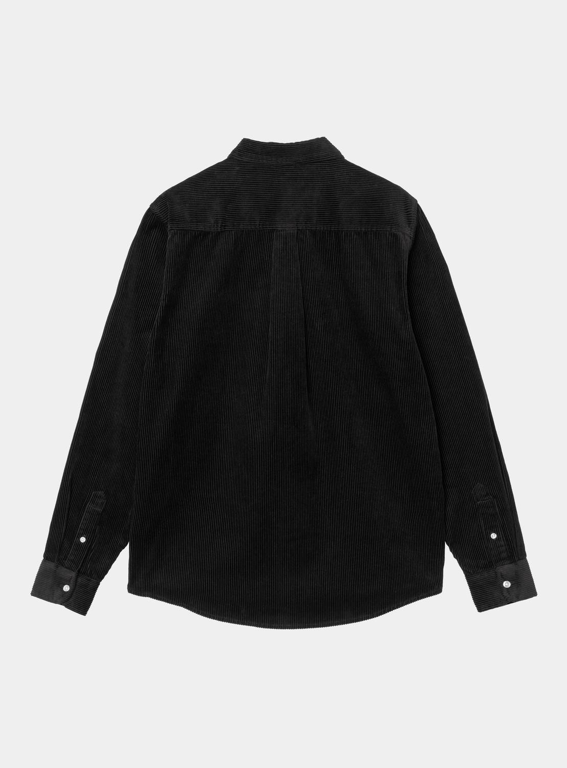 Back view of a Carhartt WIP L/S Madison Cord Shirt in Soot, with corduroy texture, buttoned cuffs, and curved hem.
