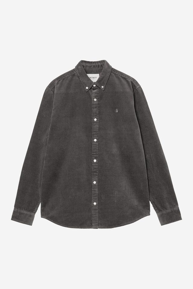 Dark gray corduroy button-up shirt on a white background