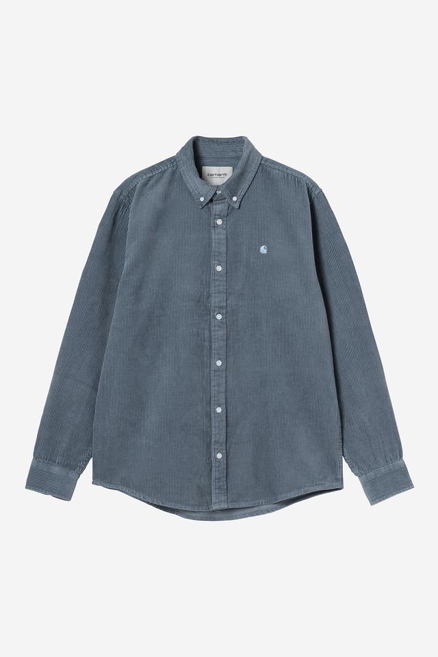 Blue button-up shirt on a white background