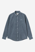 Carhartt WIP Madison Cord Shirt-Angelite Angelite / Angelite model front view