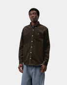 Carhartt WIP L/S Madison Cord Shirt in Tobacco, shown front view with button-down collar and chest logo embroidery, shown on model.