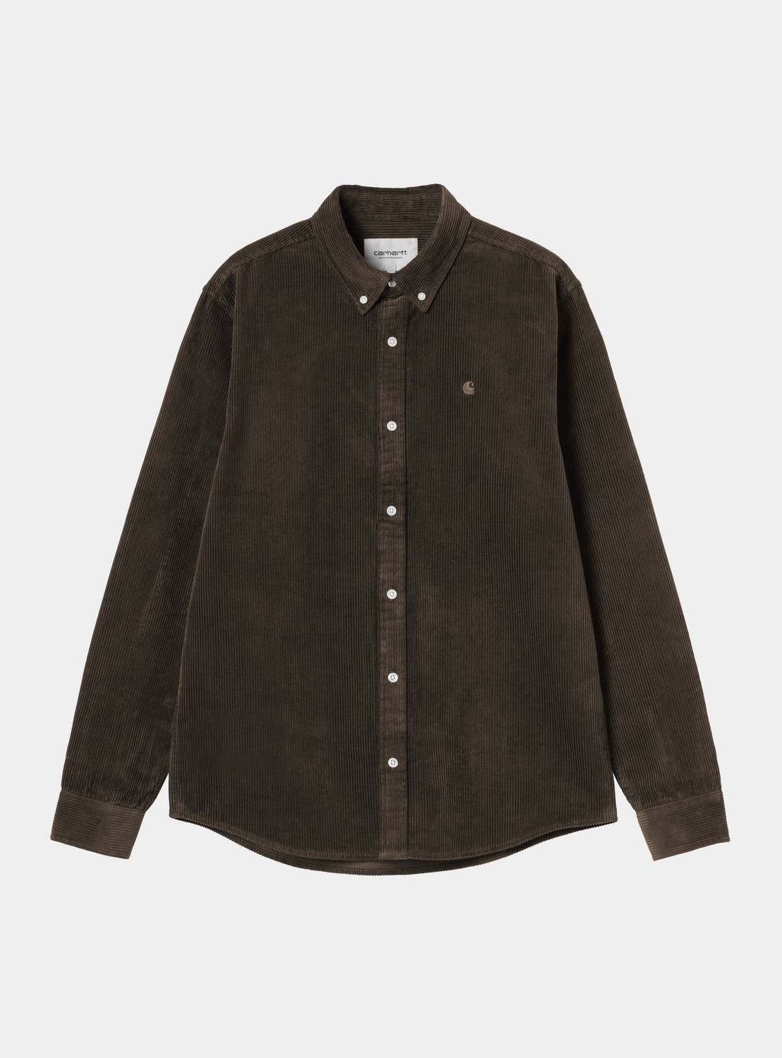 Carhartt WIP L/S Madison Cord Shirt in Tobacco, front view, with button-down collar, chest logo, and curved hem.
