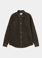 Carhartt WIP L/S Madison Cord Shirt in Tobacco, front view, with button-down collar, chest logo, and curved hem.