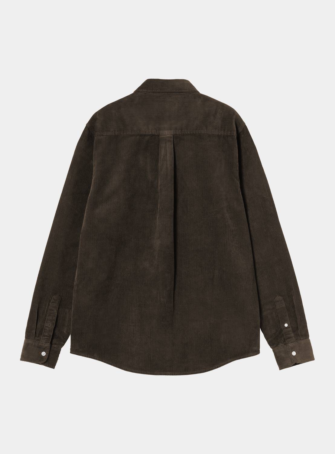 Back view of a Carhartt WIP L/S Madison Cord Shirt in Tobacco, showing corduroy texture, curved hem, and buttoned cuffs.