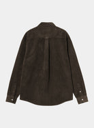 Back view of a Carhartt WIP L/S Madison Cord Shirt in Tobacco, showing corduroy texture, curved hem, and buttoned cuffs.