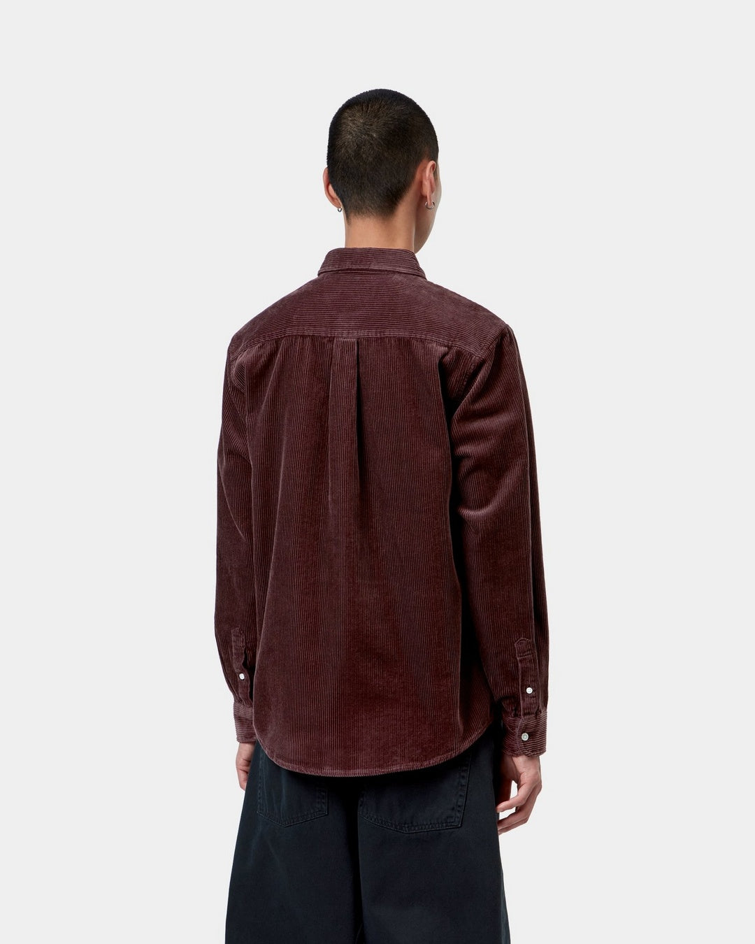 Carhartt WIP L/S Madison Cord Shirt in Amarone, back view, shown on a model.