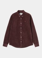 Carhartt WIP L/S Madison Cord Shirt in Amarone, front view, with button-down collar, chest logo and long sleeves.