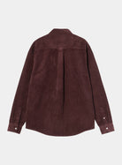 Back view of a Carhartt WIP L/S Madison Cord Shirt in Amarone, showing corduroy texture, long sleeves, button cuffs, and a curved hem.