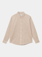 Carhartt WIP L/S Madison Cord Shirt in Wall, front view, with button-down collar, chest logo, and curved hem.