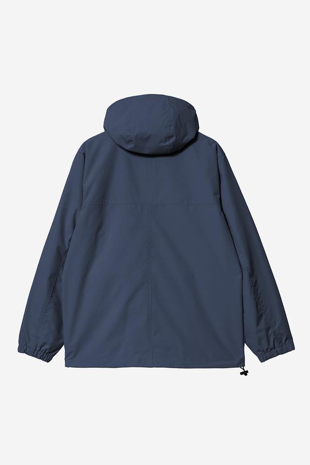 Navy blue jacket with a hood on a light gray background