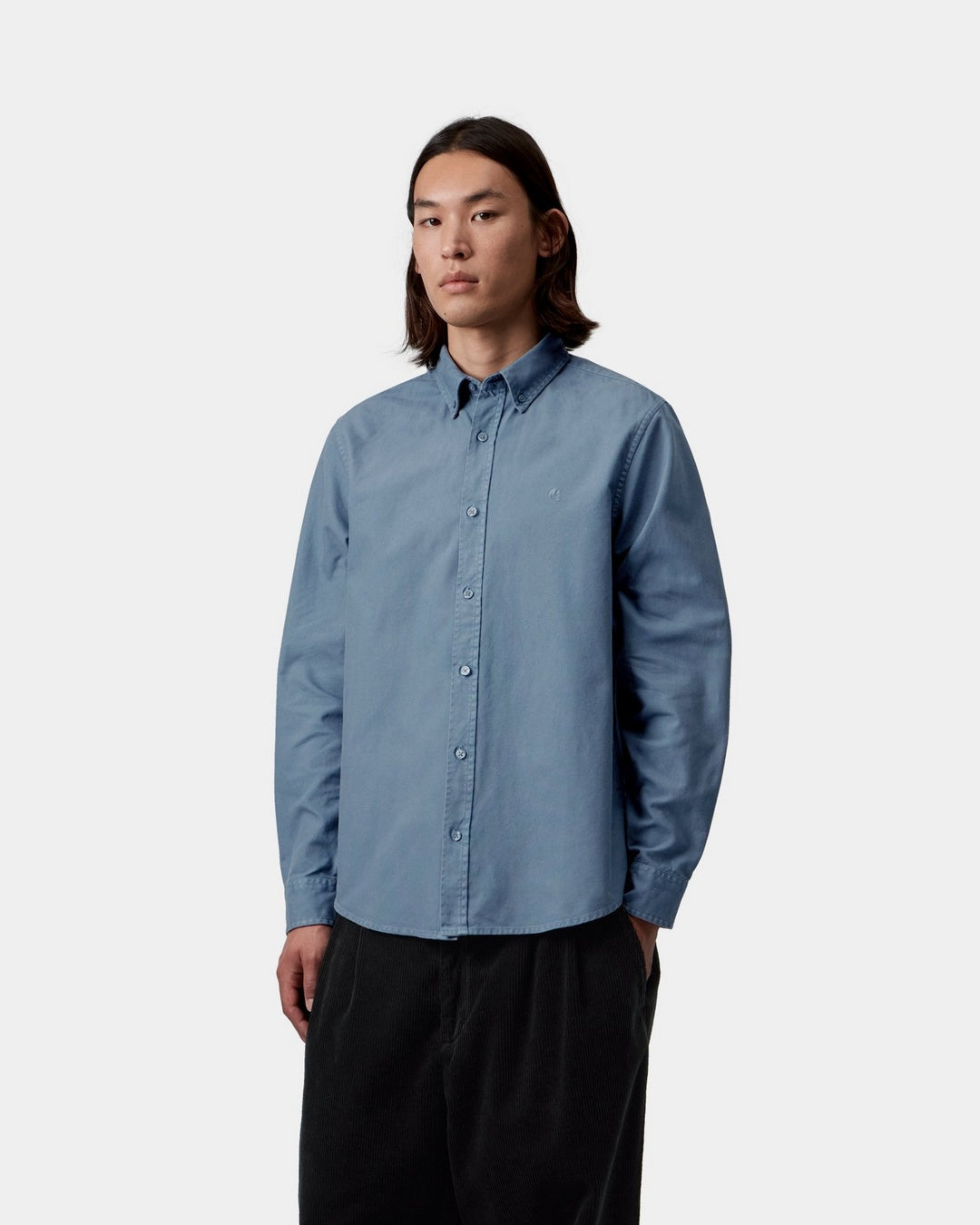 Carhartt WIP L/S Bolton Shirt in Icesheet, shown front view with button-down collar, long sleeves, and subtle chest logo, shown on model.