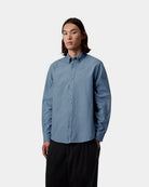 Carhartt WIP L/S Bolton Shirt in Icesheet, shown front view with button-down collar, long sleeves, and subtle chest logo, shown on model.