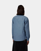 Carhartt WIP L/S Bolton Shirt in Icesheet, back view, long-sleeve button-down shirt with curved hem, shown on model.
