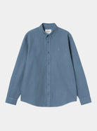 Carhartt WIP L/S Bolton Shirt in Icesheet, front view with button-down collar, long sleeves, and subtle chest logo embroidery.