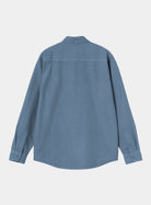 Back view of a Carhartt WIP L/S Bolton Shirt in Icesheet, showing the button-down collar, long sleeves, and curved hem.
