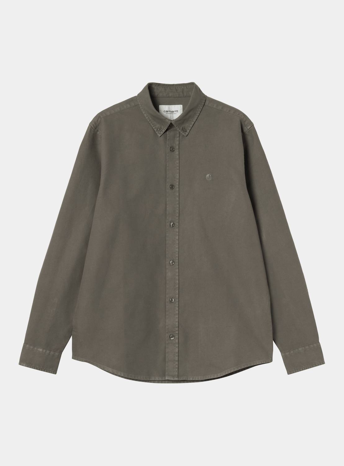Carhartt WIP L/S Bolton Shirt in Shungite, front view with button-down collar, long sleeves, curved hem, and small chest logo.