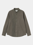 Carhartt WIP L/S Bolton Shirt in Shungite, front view with button-down collar, long sleeves, curved hem, and small chest logo.