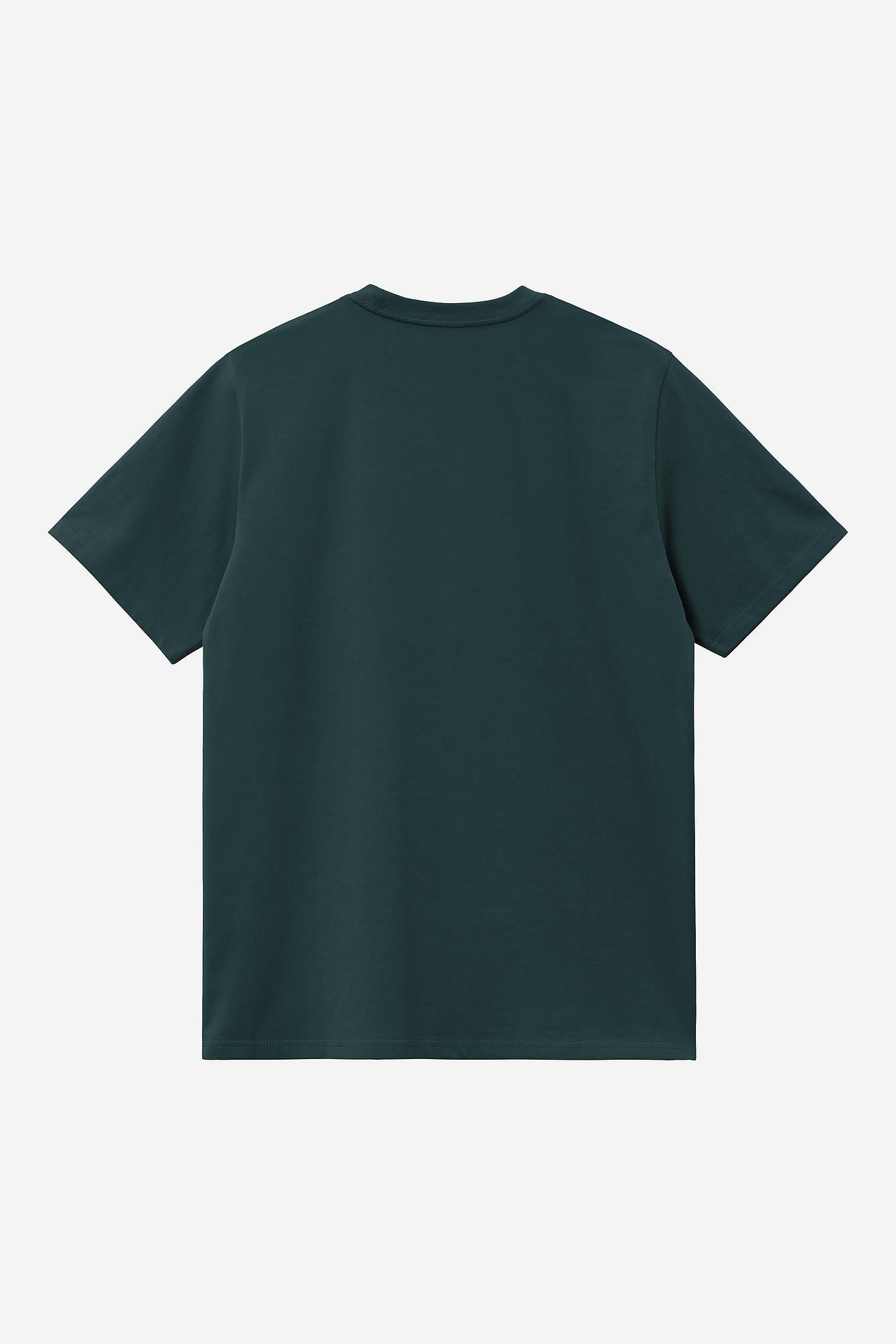 Green t-shirt on a light gray background, back view