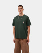 Carhartt WIP S/S Pocket T-Shirt in Dark Scarab, front view, with chest pocket and logo label.