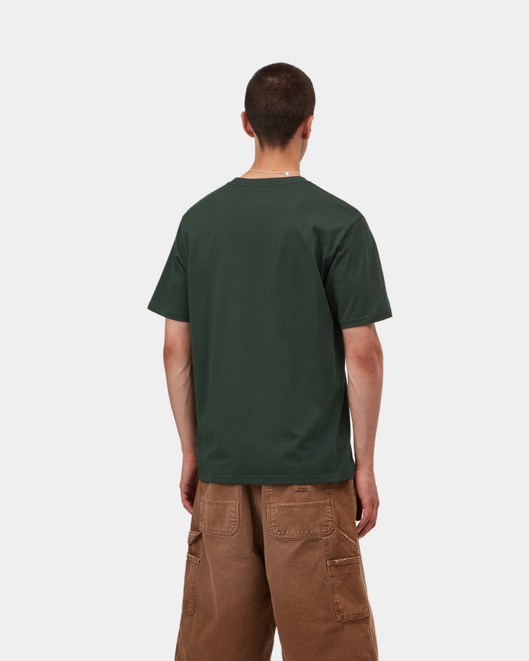 Carhartt WIP S/S Pocket T-Shirt in Dark Scarab, back view, worn by model.