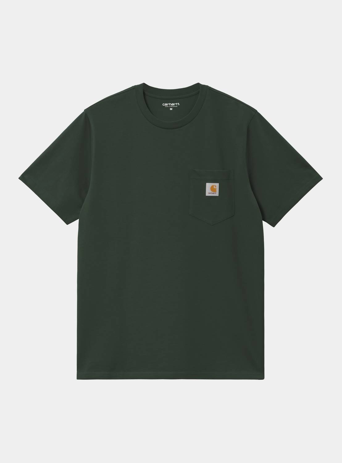 Carhartt WIP S/S Pocket T-Shirt in Dark Scarab, front view, with chest pocket and logo label
