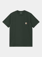Carhartt WIP S/S Pocket T-Shirt in Dark Scarab, front view, with chest pocket and logo label