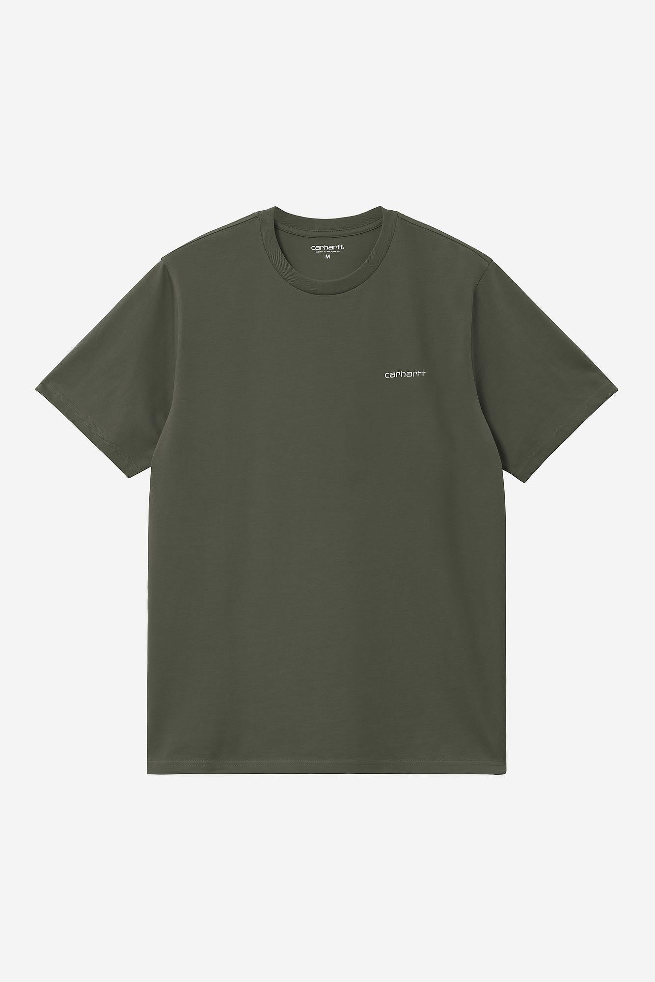 Green t-shirt with a small Carhartt logo on a white background