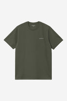 Green t-shirt with a small Carhartt logo on a white background