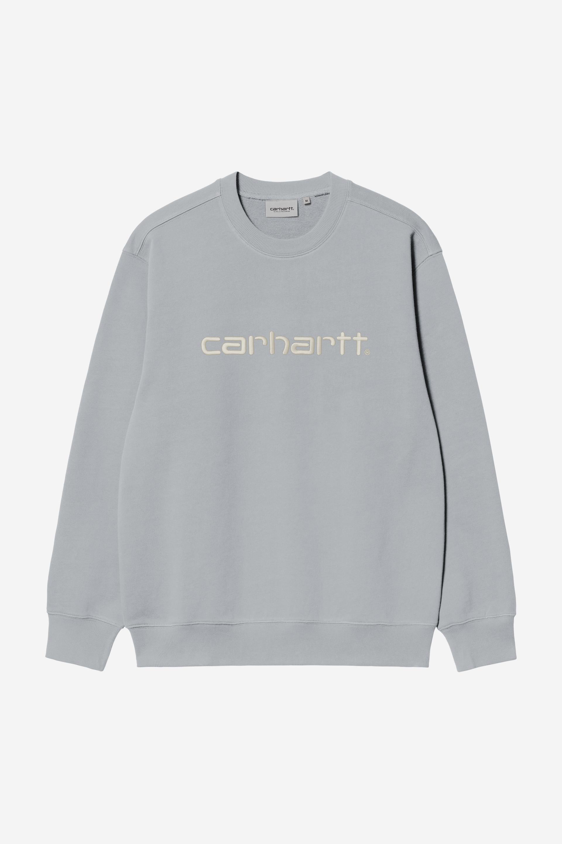 Gray sweatshirt with Carhartt logo on a white background