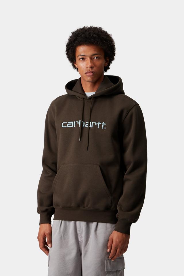 Person wearing a brown hoodie with 'Carhartt' logo on a white background