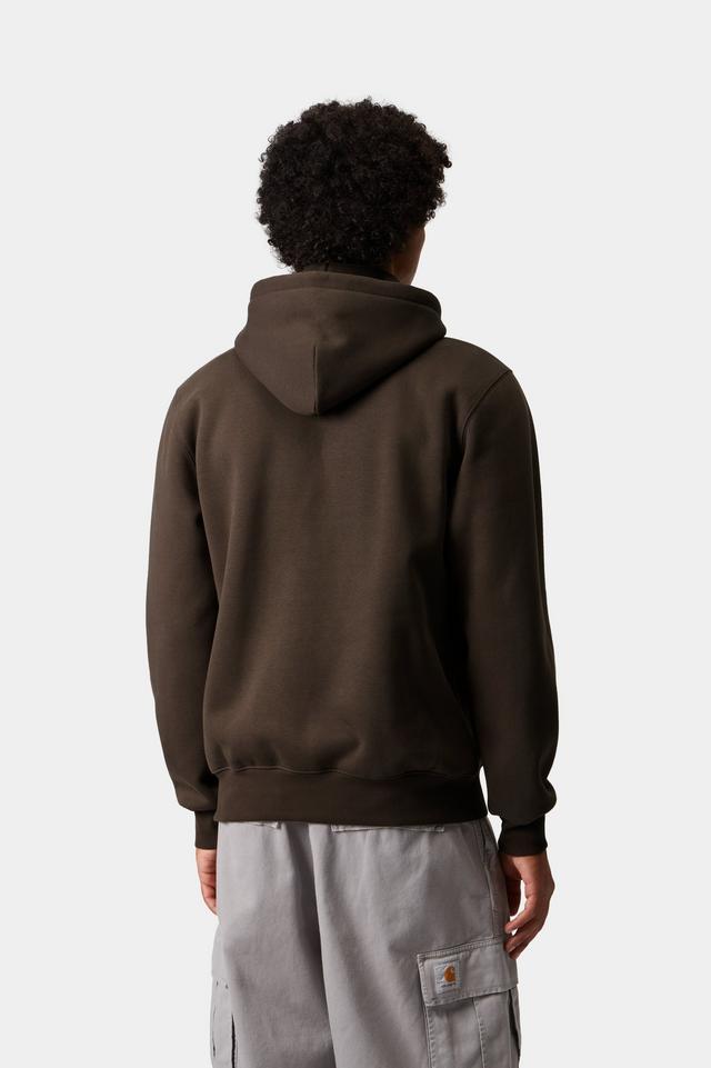 Person wearing a brown hoodie from behind on a white background