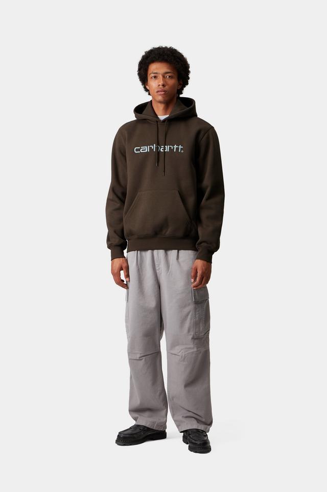 Person wearing a brown Carhartt hoodie and gray cargo pants on a white background