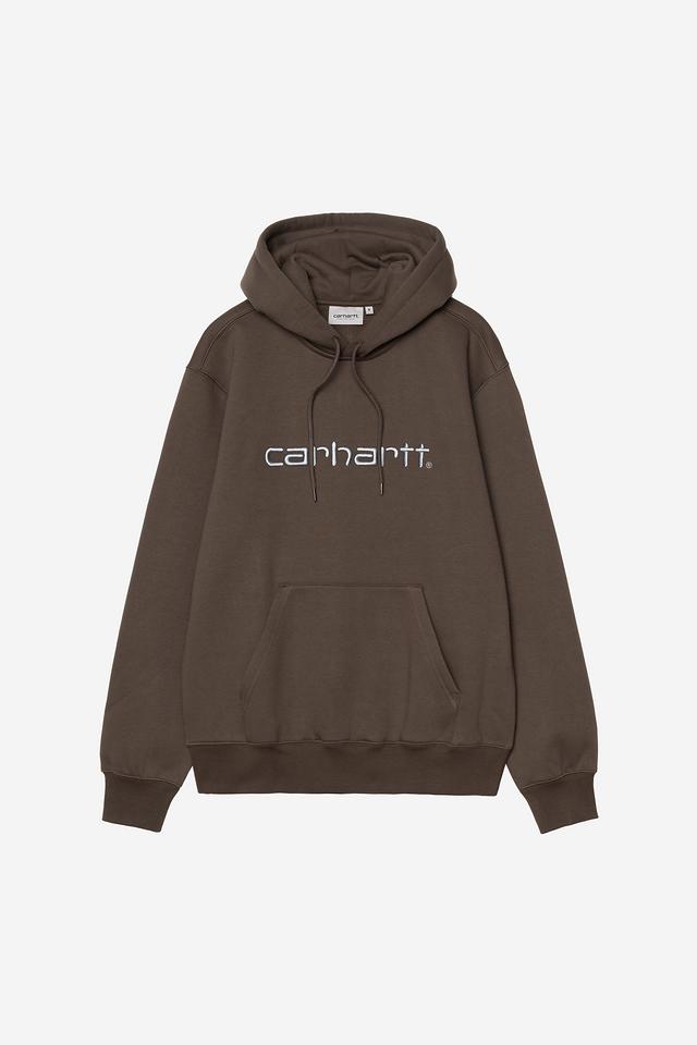 Brown hoodie with Carhartt logo on a light gray background