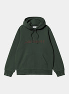 Carhartt WIP Hooded Carhartt Sweatshirt in Dark Scarab / Palisander, front view, with embroidered logo and kangaroo pocket.