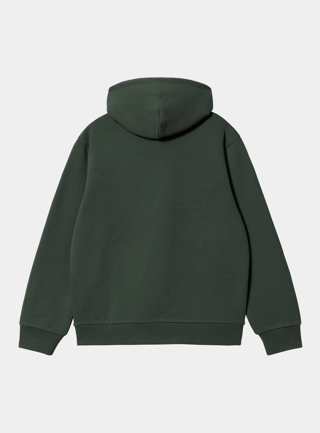 Back view of Carhartt WIP Hooded Carhartt Sweatshirt in Dark Scarab / Palisander, showing the hood, long sleeves and ribbed hem and cuffs.