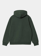 Back view of Carhartt WIP Hooded Carhartt Sweatshirt in Dark Scarab / Palisander, showing the hood, long sleeves and ribbed hem and cuffs.