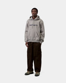 Carhartt WIP Hooded Carhartt Sweatshirt in Shady Grey / Dark Navy, shown worn front view with kangaroo pocket and logo on chest.
