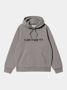 Carhartt WIP Hooded Carhartt Sweatshirt in Shady Grey / Dark Navy, front view with hood, kangaroo pocket and embroidered logo on chest.