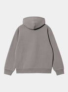 Back view of a Carhartt WIP Hooded Carhartt Sweatshirt in Shady Grey / Dark Navy, showing the hood, long sleeves, and ribbed hem and cuffs.
