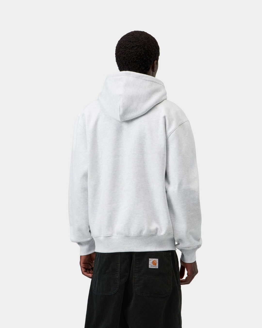 Carhartt WIP Hooded Carhartt Sweatshirt in Ash Heather / Graphite, back view, with hood and ribbed hem and cuffs, shown on model.