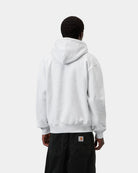 Carhartt WIP Hooded Carhartt Sweatshirt in Ash Heather / Graphite, back view, with hood and ribbed hem and cuffs, shown on model.