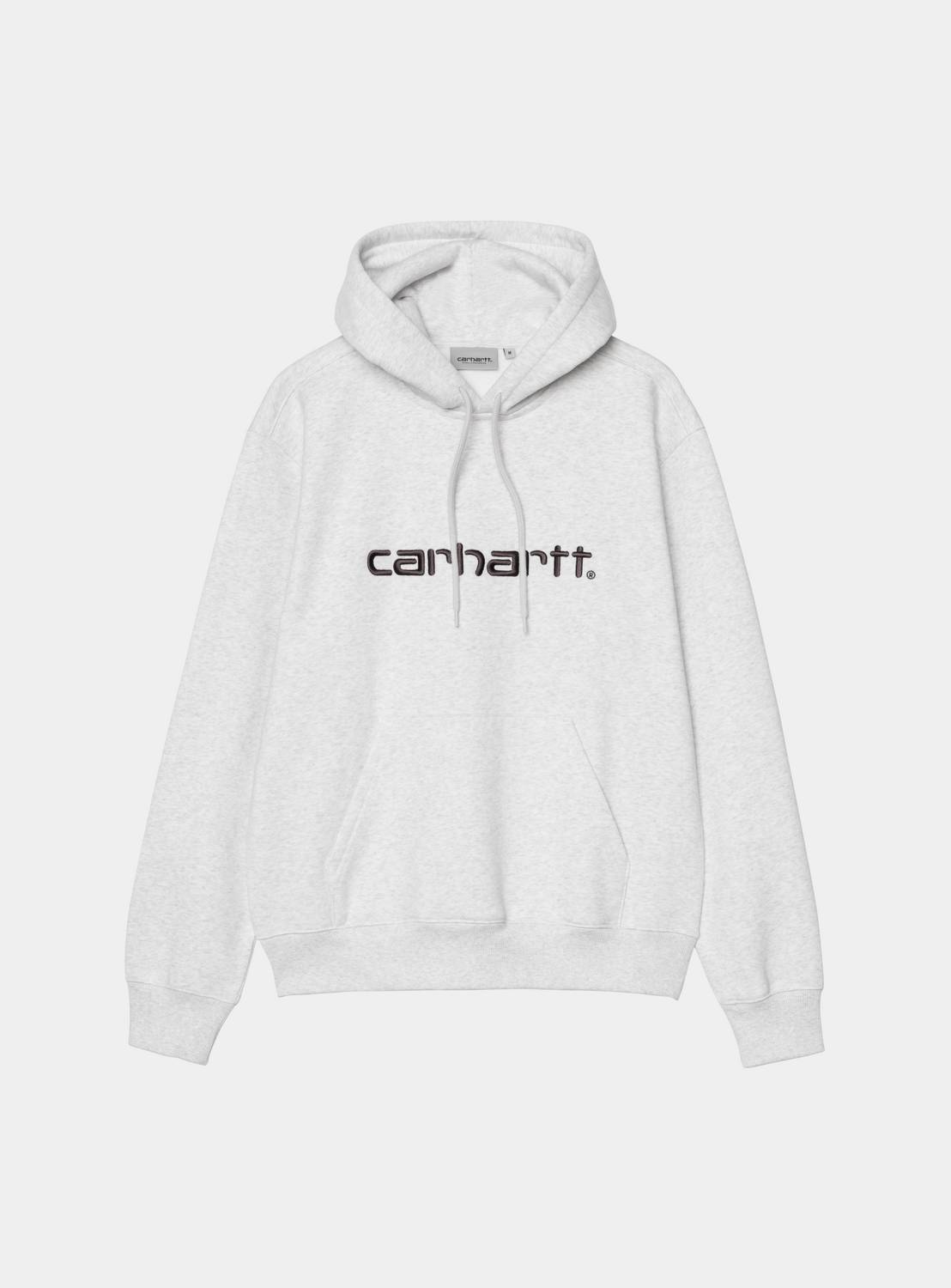 Carhartt WIP Hooded Carhartt Sweatshirt in Ash Heather / Graphite, front view, with embroidered logo on the chest and drawstring hood.